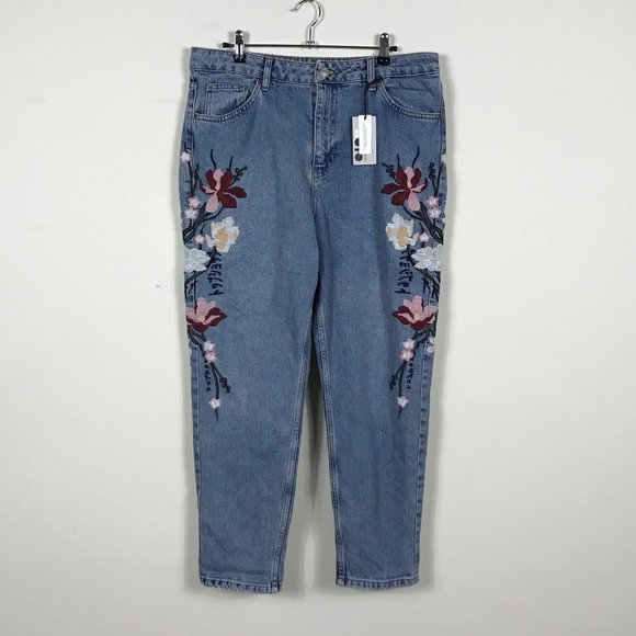 Topshop Denim - Topshop Moto Jeans Mom high waisted embroidery NWT